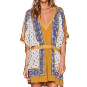 Free People Santa Cruz Bandana Boho Scarf Indie Mini Dress Golden Rod Combo Sz S